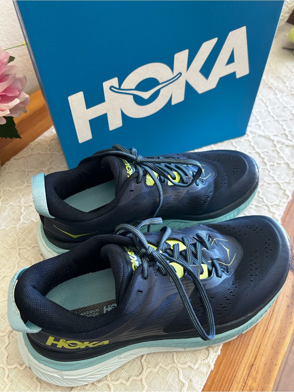 Hoka One One Stinson ATR 6 Women's Navy, Light Blue,Neon Yellow Running Shoes - Picture 11 of 16